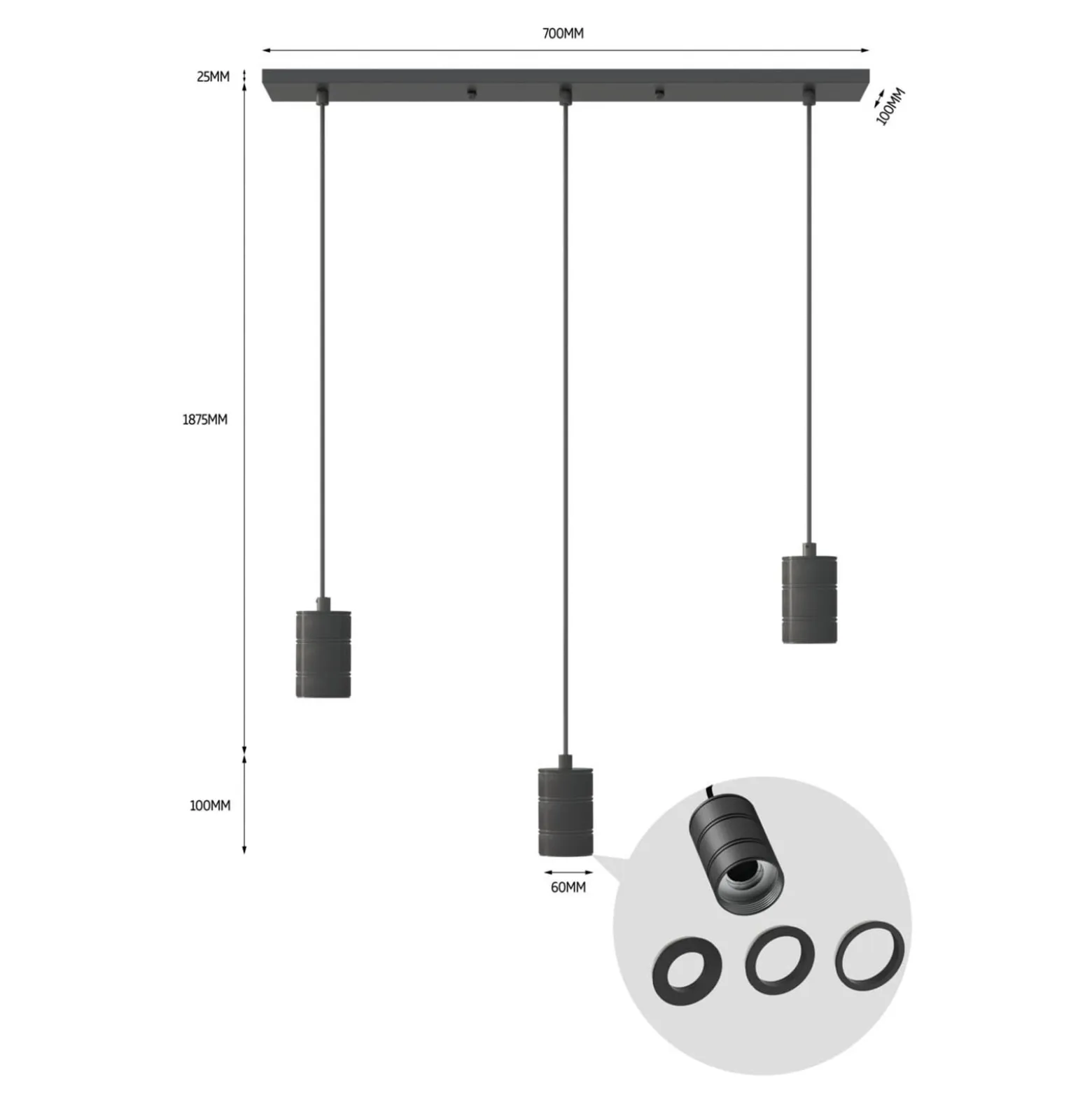 Calex Retro Pendelleuchte, eckig, 3-flg., schwarz