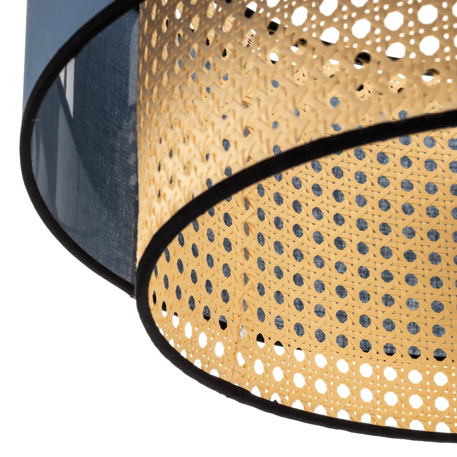 Deckenlampe Boho, blau/holz/schwarz, Ø 45 cm, Textil/Rattan