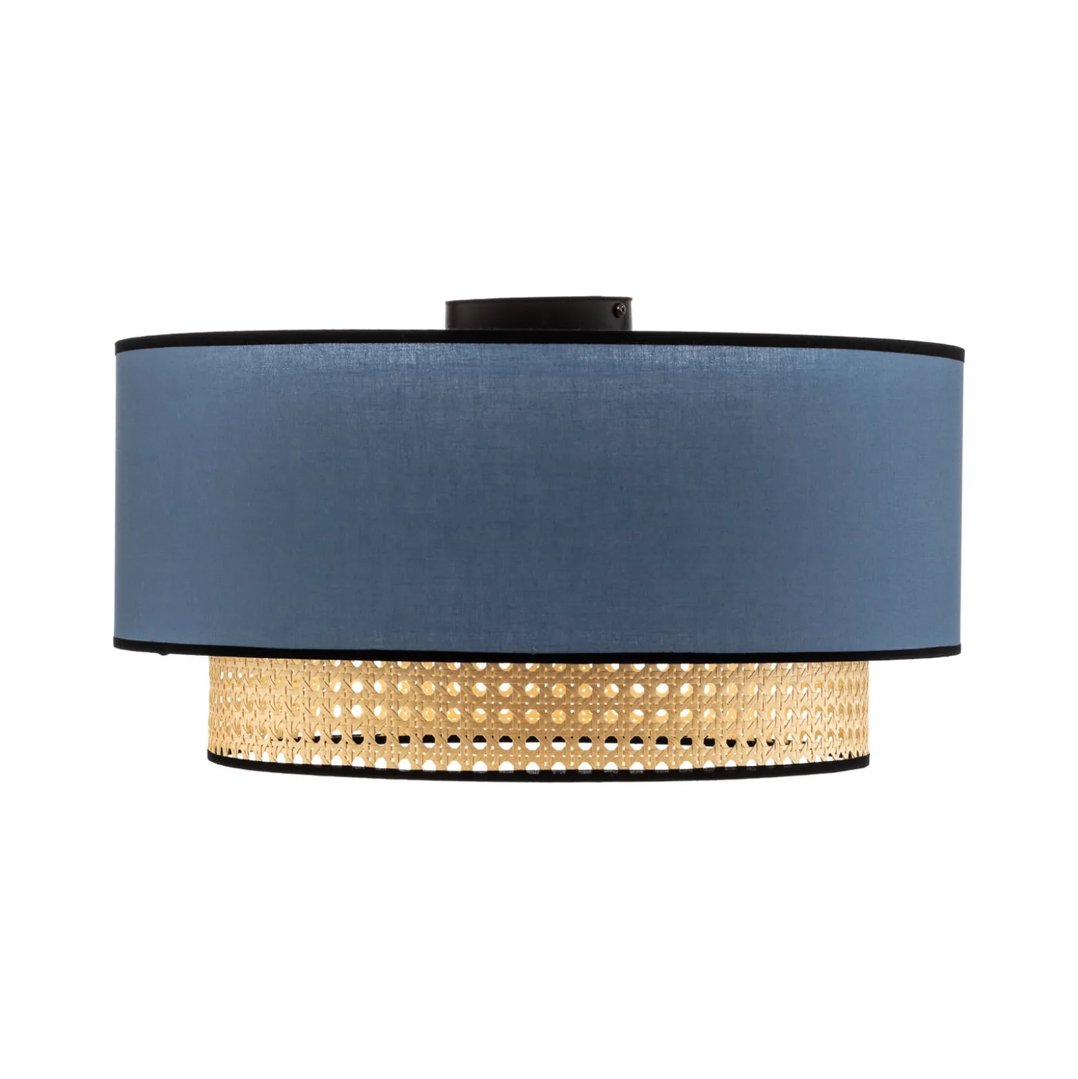Deckenlampe Boho, blau/holz/schwarz, Ø 45 cm, Textil/Rattan
