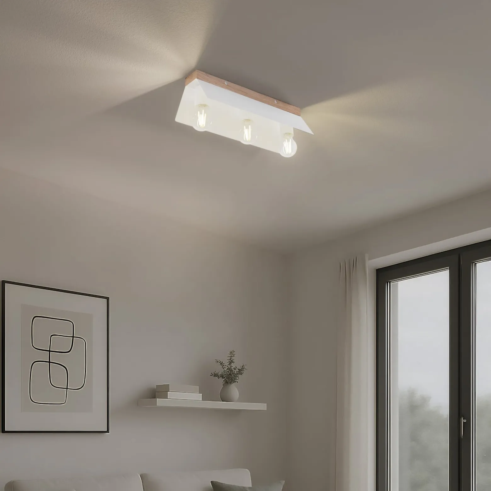 Deckenlampe Esme, weiß, Länge 40 cm, Metall/Holz, 3-flammig