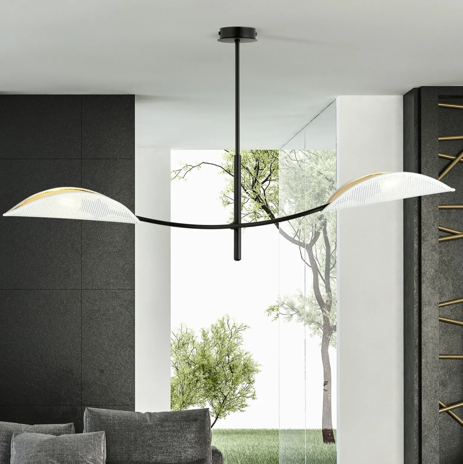 Deckenlampe Lotus, schwarz/weiß/gold, 2-flammig