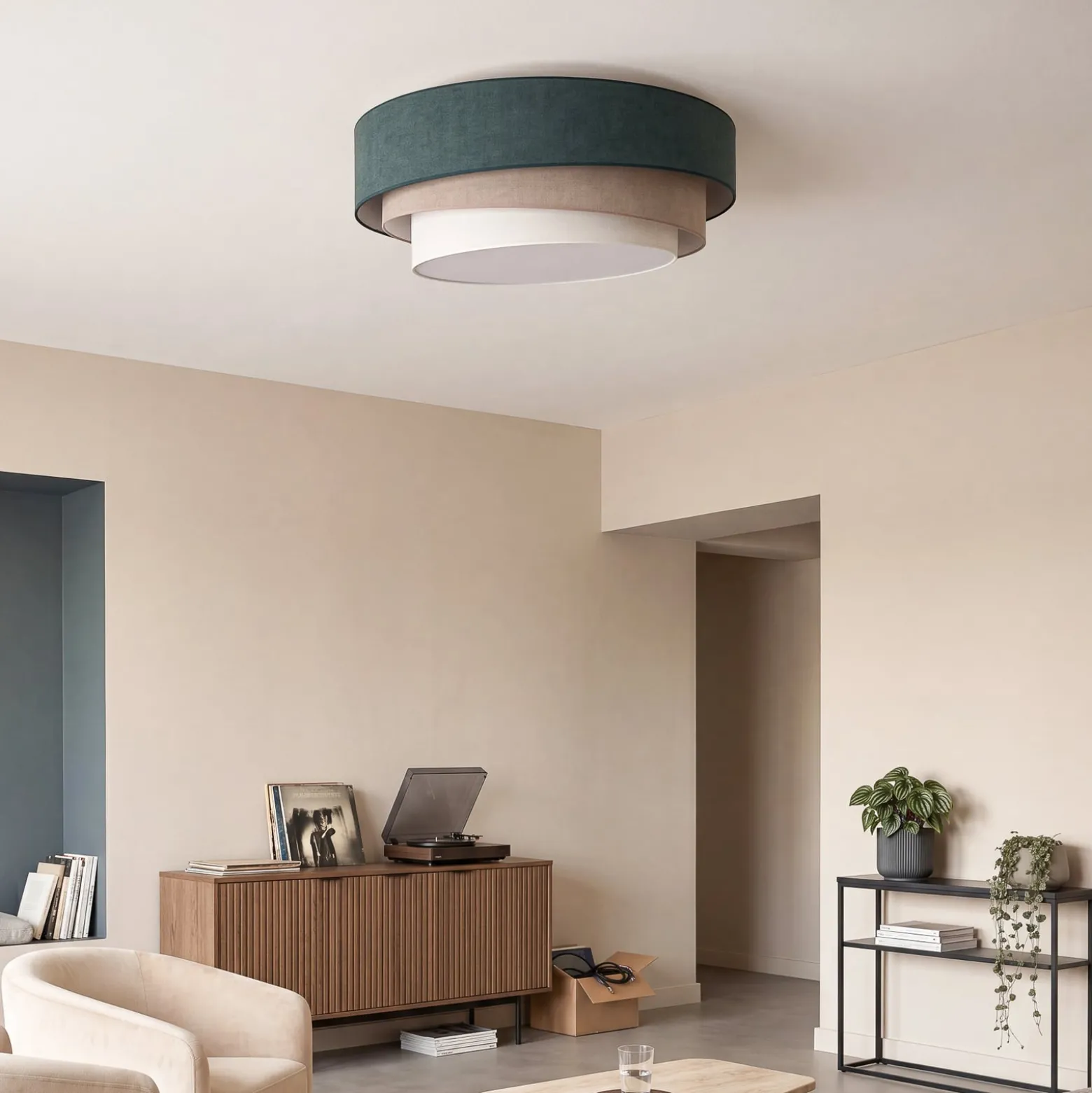 Deckenlampe Trio, grün/beige, Ø 60 cm, Textil, E27