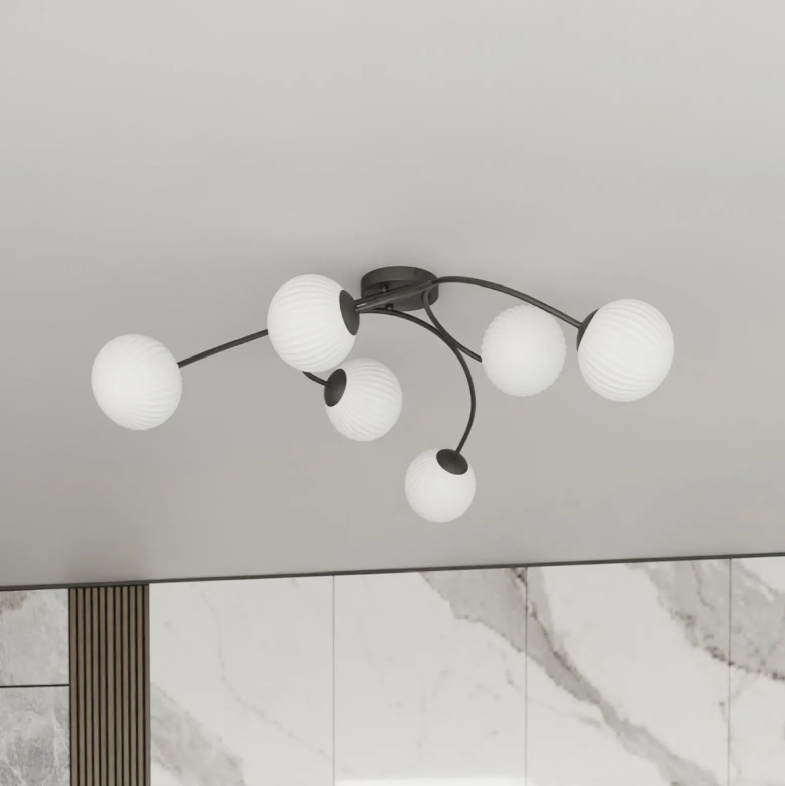 Deckenlampe Vibra, opal/schwarz, Länge 97 cm, Glas, 6-flg.