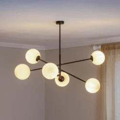 Deckenleuchte Linear, schwarz/opal, sechsflammig