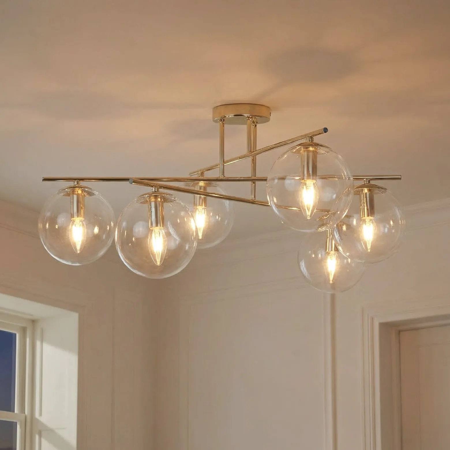 Deckenleuchte Zoe, goldfarben, Länge 72 cm, 6-flammig, Glas