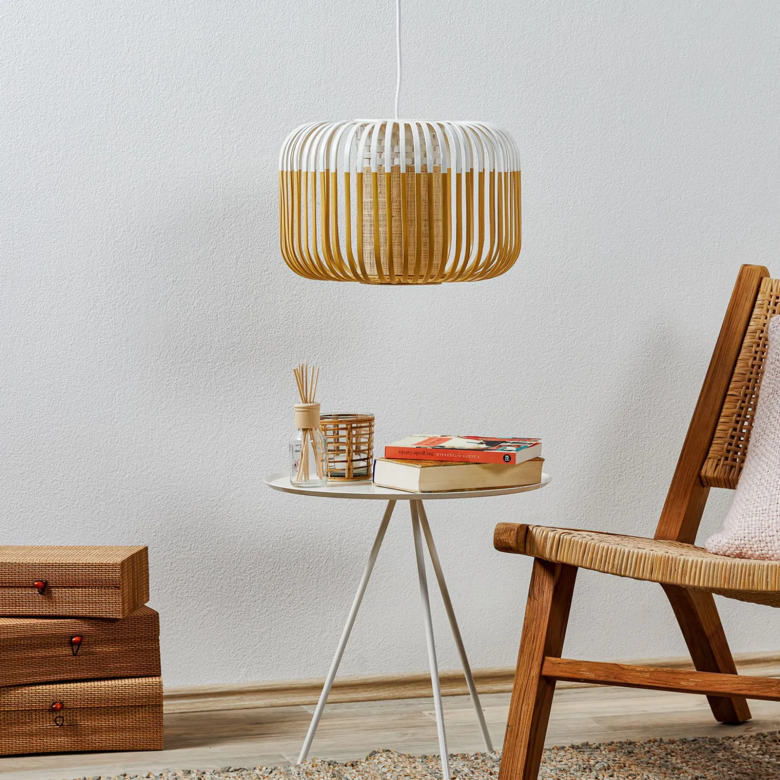 Forestier Pendellampe Bamboo S, Ø 35 cm, weiß