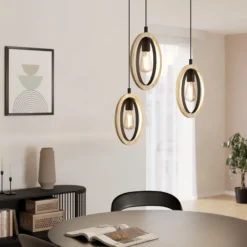 Hängelampe Basildon, Holzdetails 3-flammig Rondell