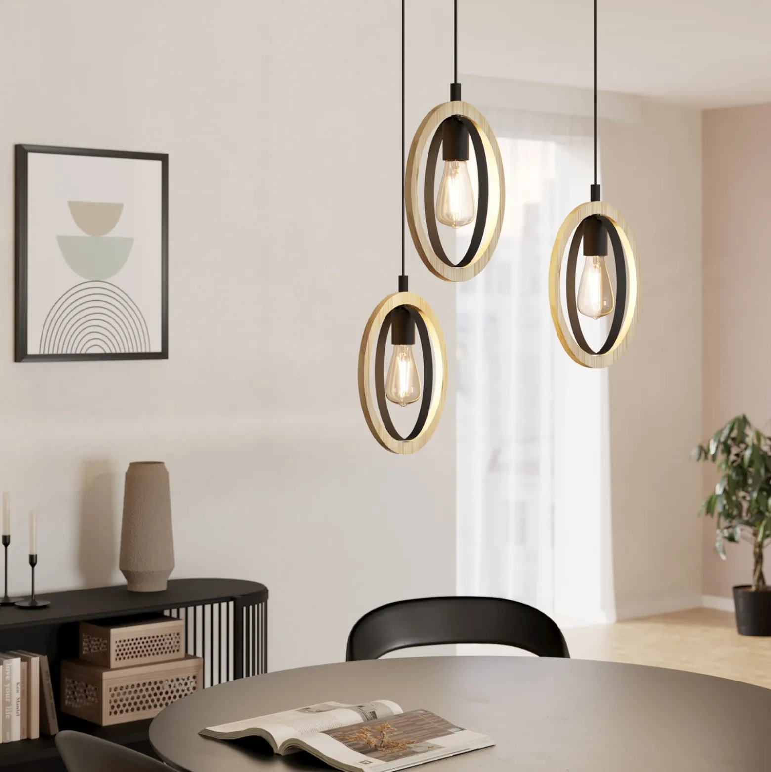 Hängelampe Basildon, Holzdetails 3-flammig Rondell