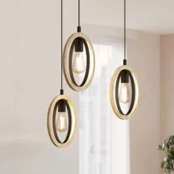 Hängelampe Basildon, Holzdetails 3-flammig Rondell