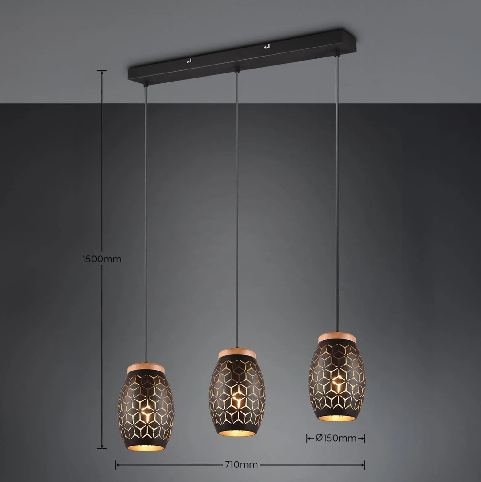 Hängelampe Bidar, Länge 71 cm, schwarz-gold, 3-flg., Metall