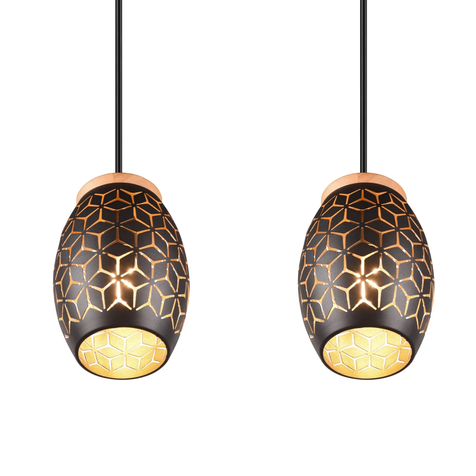 Hängelampe Bidar, Länge 71 cm, schwarz-gold, 3-flg., Metall