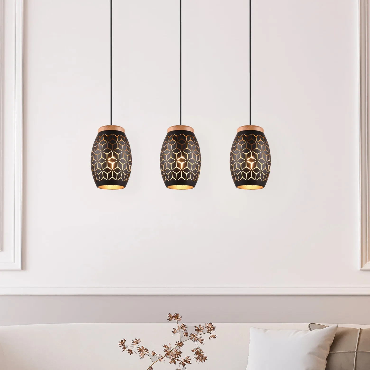 Hängelampe Bidar, Länge 71 cm, schwarz-gold, 3-flg., Metall