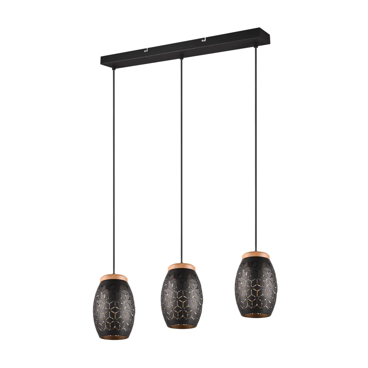 Hängelampe Bidar, Länge 71 cm, schwarz-gold, 3-flg., Metall