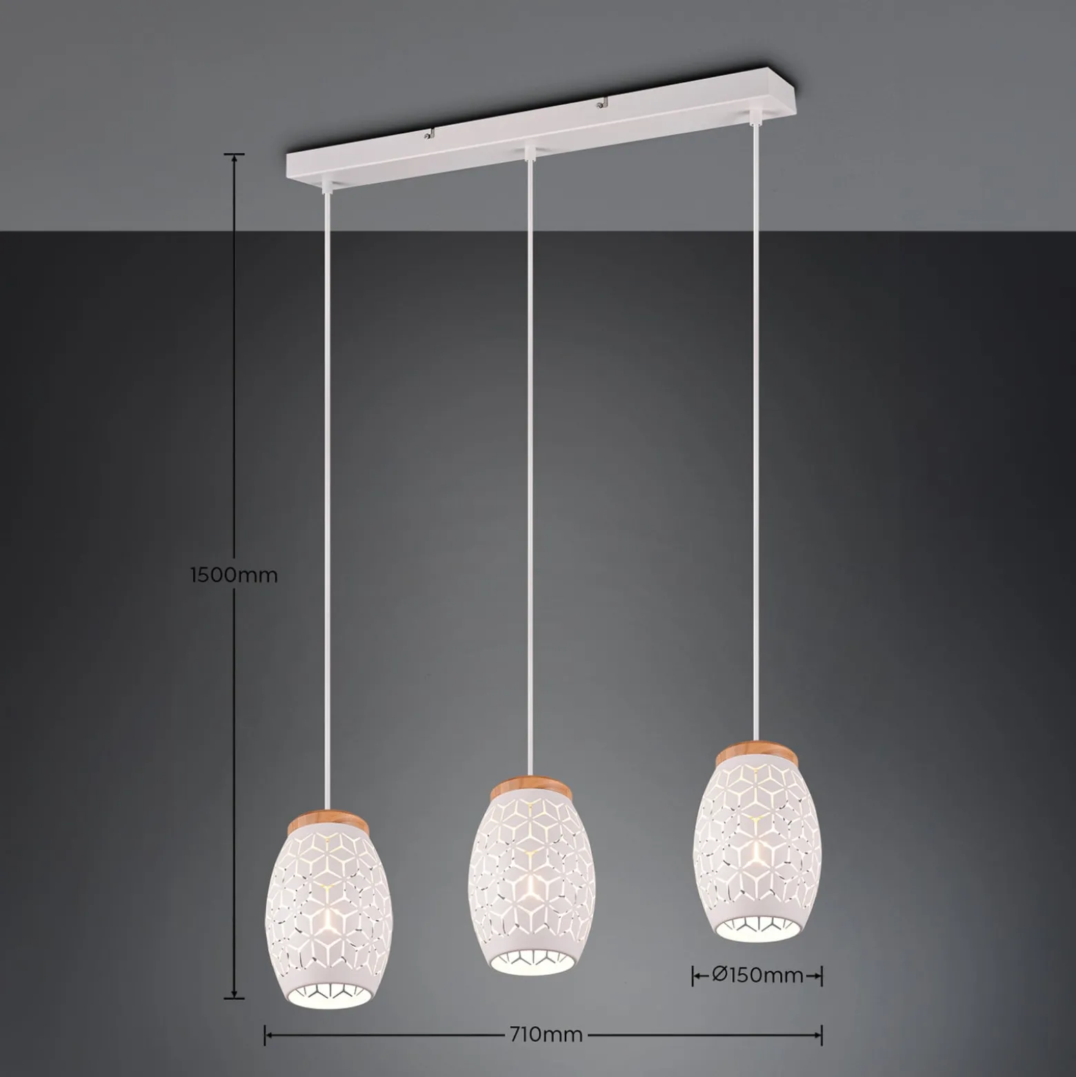 Hängelampe Bidar, Länge 71 cm, weiß matt, 3-flg., Metall