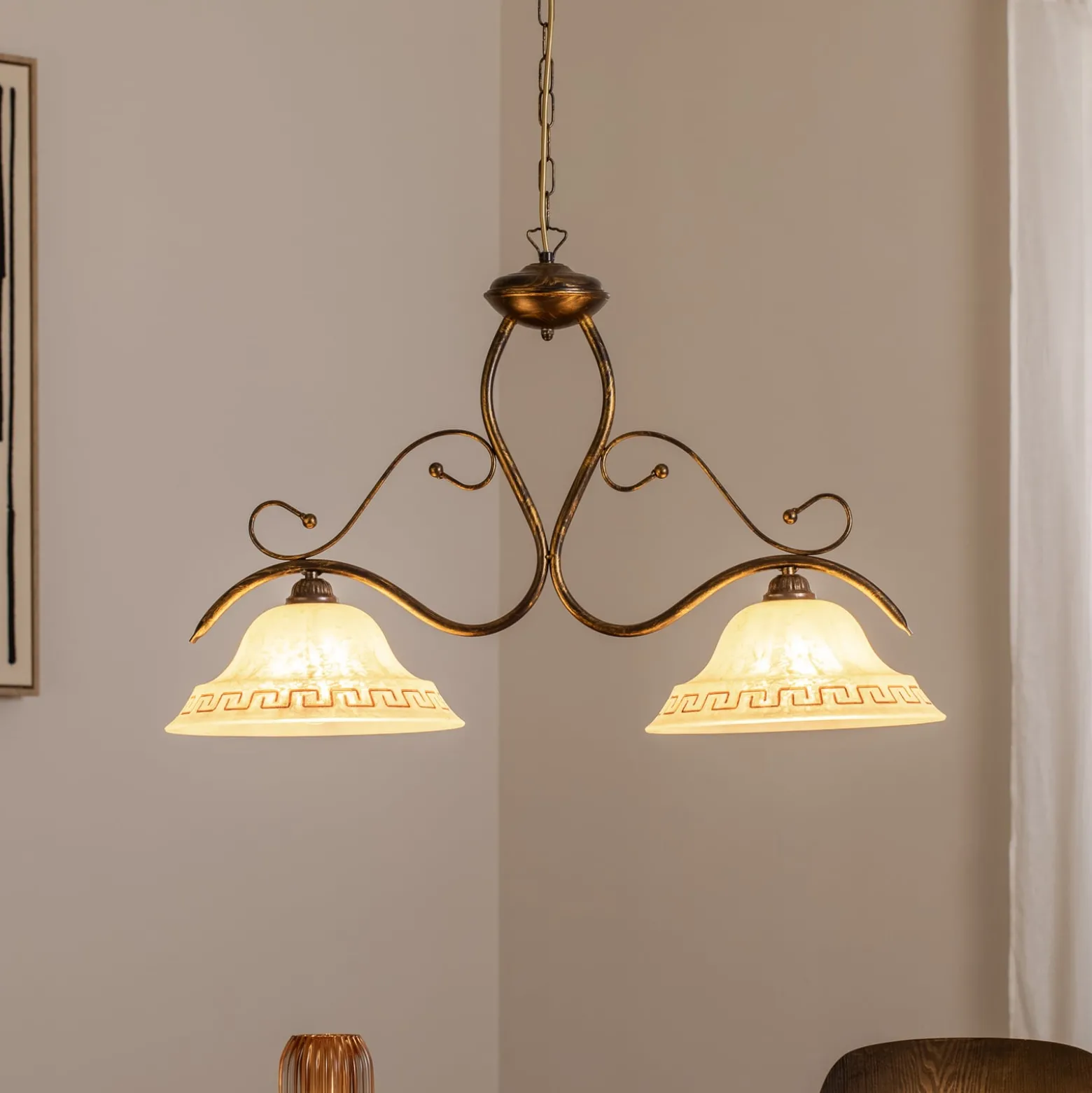 Hängelampe BILIARDO GIORGIO, creme/bronze, Glas/Eisen 2-flg.
