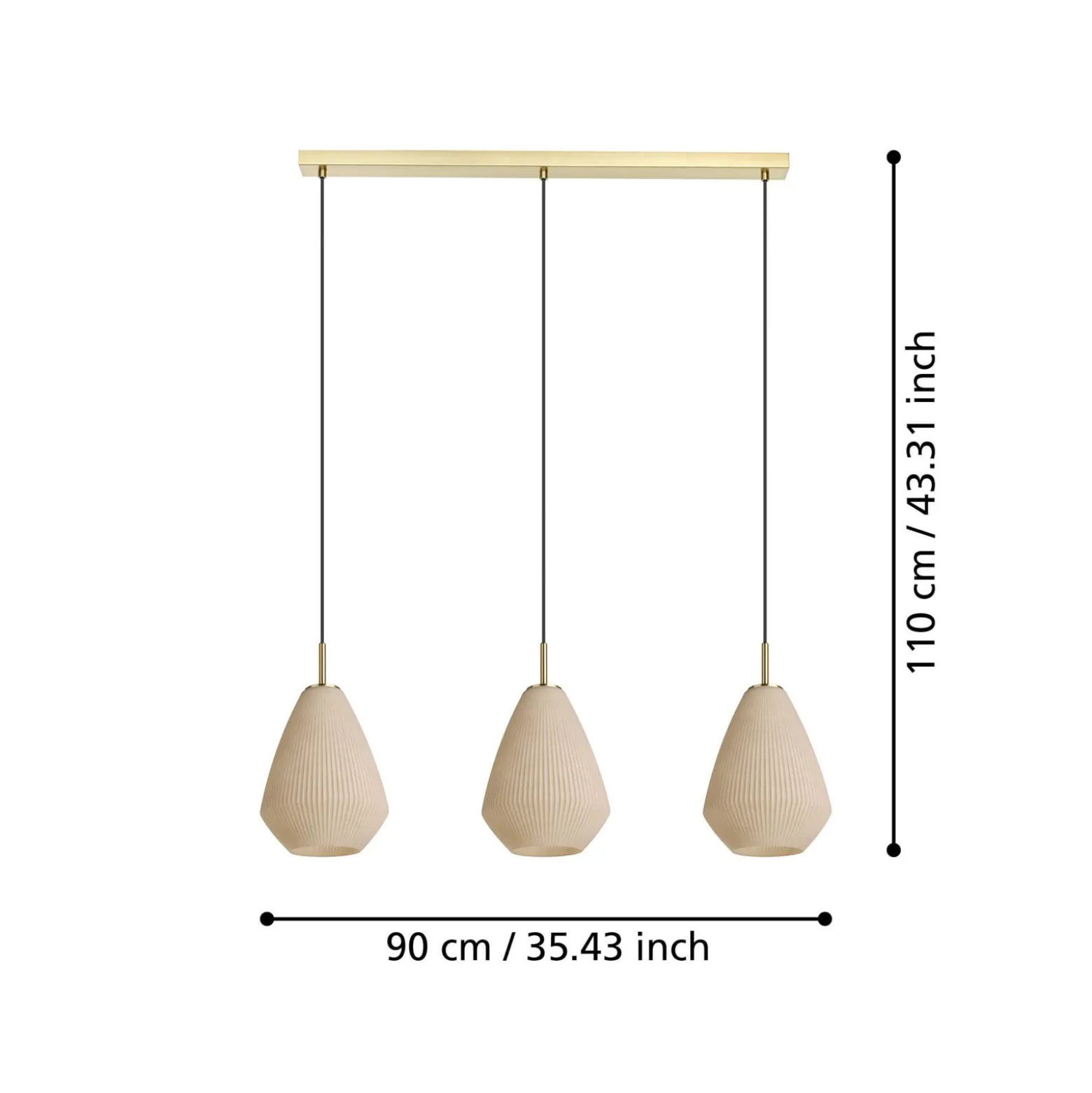 Hängelampe Caprarola, Länge 90 cm, sandfarben, 3-flg., Glas
