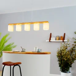 Hängelampe Castralvo, Länge 115 cm, holz/weiß, 5-flg., Stoff