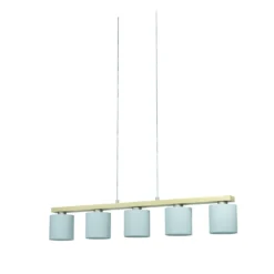 Hängelampe Castralvo, Länge 115 cm, holz/weiß, 5-flg., Stoff