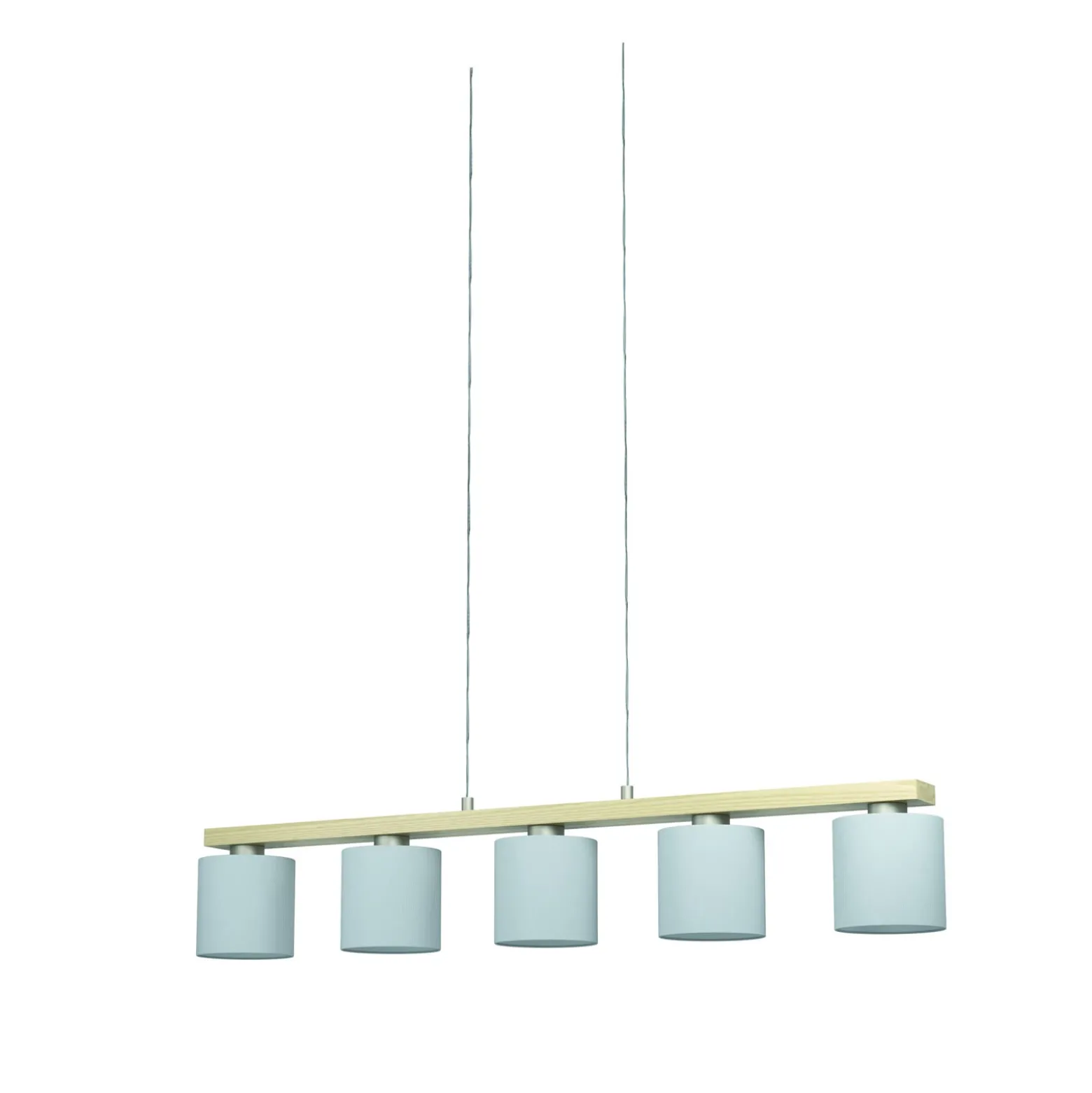 Hängelampe Castralvo, Länge 115 cm, holz/weiß, 5-flg., Stoff