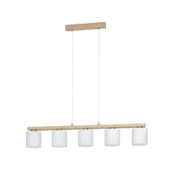 Hängelampe Castralvo, Länge 115 cm, holz/weiß, 5-flg., Stoff