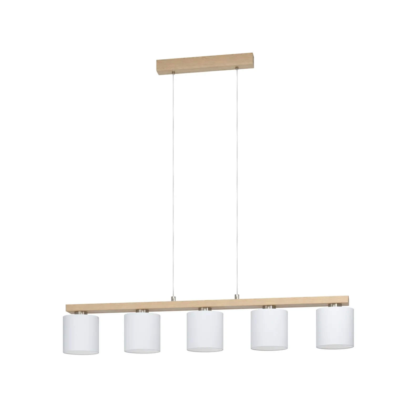 Hängelampe Castralvo, Länge 115 cm, holz/weiß, 5-flg., Stoff