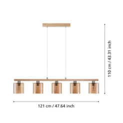 Hängelampe Castralvo, Länge 115 cm, holz/amber, 5-flg., Glas