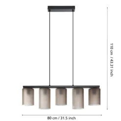 Hängelampe Colomera, Länge 80 cm schwarz/grau, 5-flg., Glas