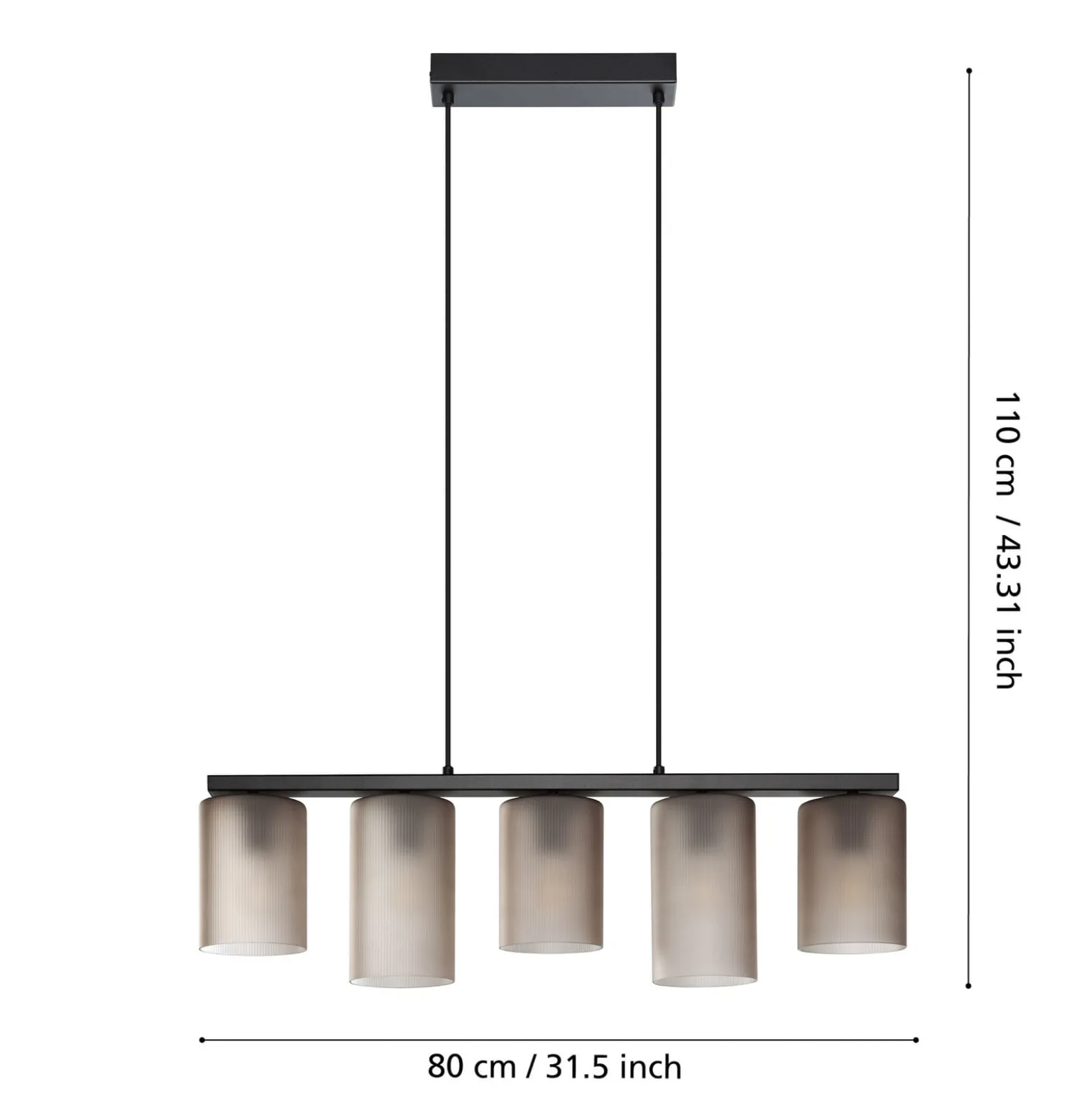 Hängelampe Colomera, Länge 80 cm schwarz/grau, 5-flg., Glas