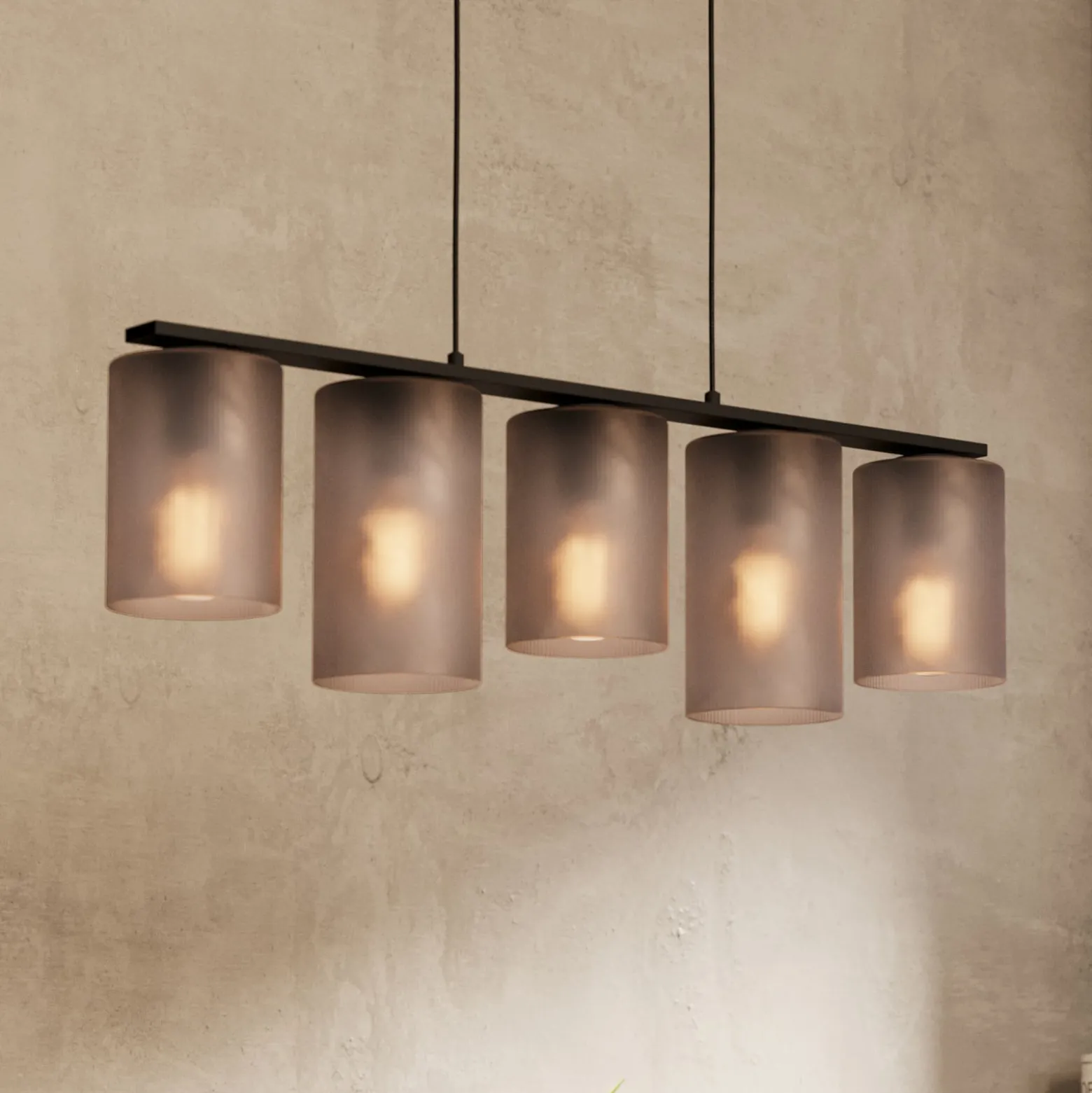 Hängelampe Colomera, Länge 80 cm schwarz/grau, 5-flg., Glas