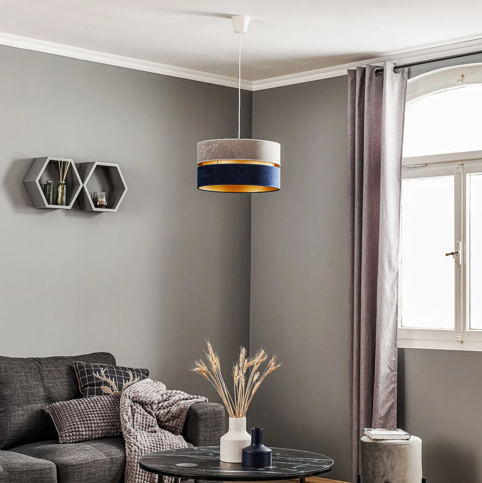 Hängelampe Duo marineblau/grau/gold Ø40cm 1flammig