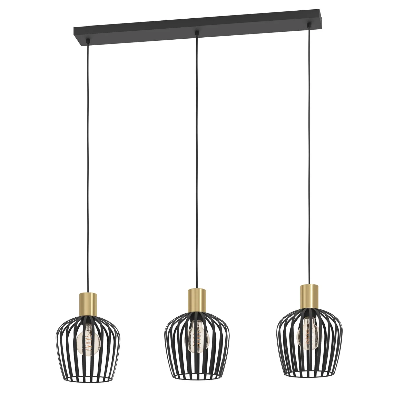 Hängelampe Empoli, Länge 90 cm, schwarz/messingfarben 3-flg.