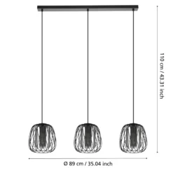 Hängelampe Floresta, schwarz, Länge 89 cm, Stahl/Glas, 3-flg