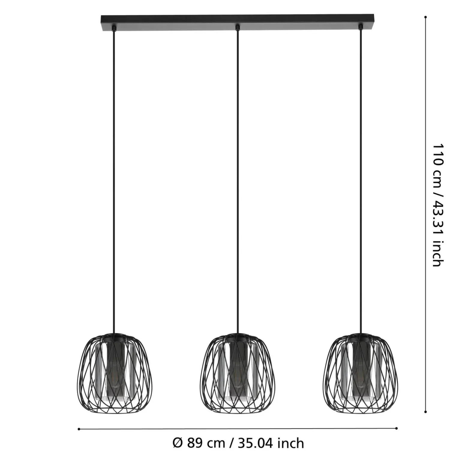 Hängelampe Floresta, schwarz, Länge 89 cm, Stahl/Glas, 3-flg
