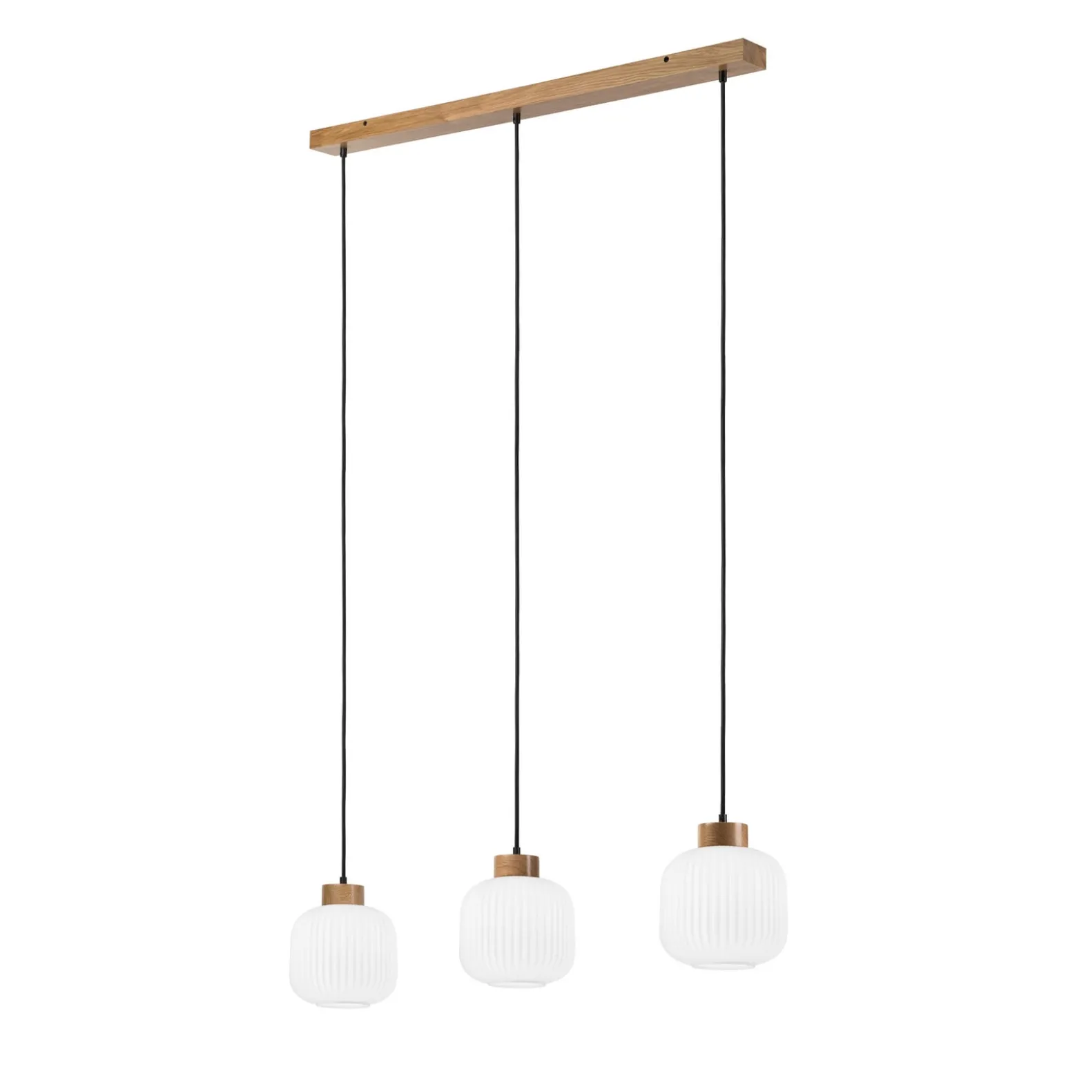 Hängelampe Harmony, Länge 110 cm, Opalglas Eichenholz 3-flg.