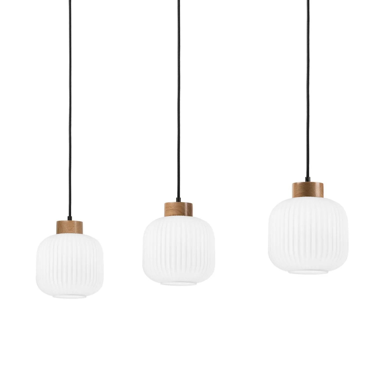 Hängelampe Harmony, Länge 110 cm, Opalglas Eichenholz 3-flg.