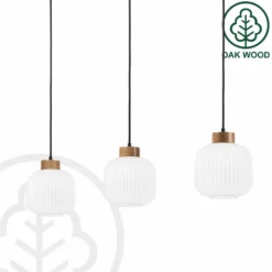 Hängelampe Harmony, Länge 110 cm, Opalglas Eichenholz 3-flg.