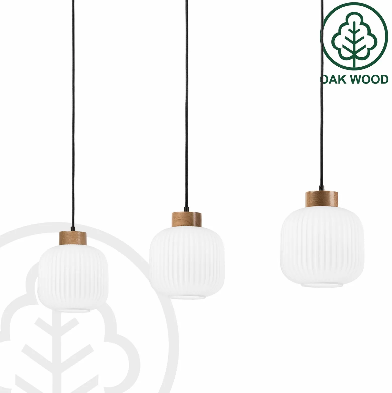 Hängelampe Harmony, Länge 110 cm, Opalglas Eichenholz 3-flg.