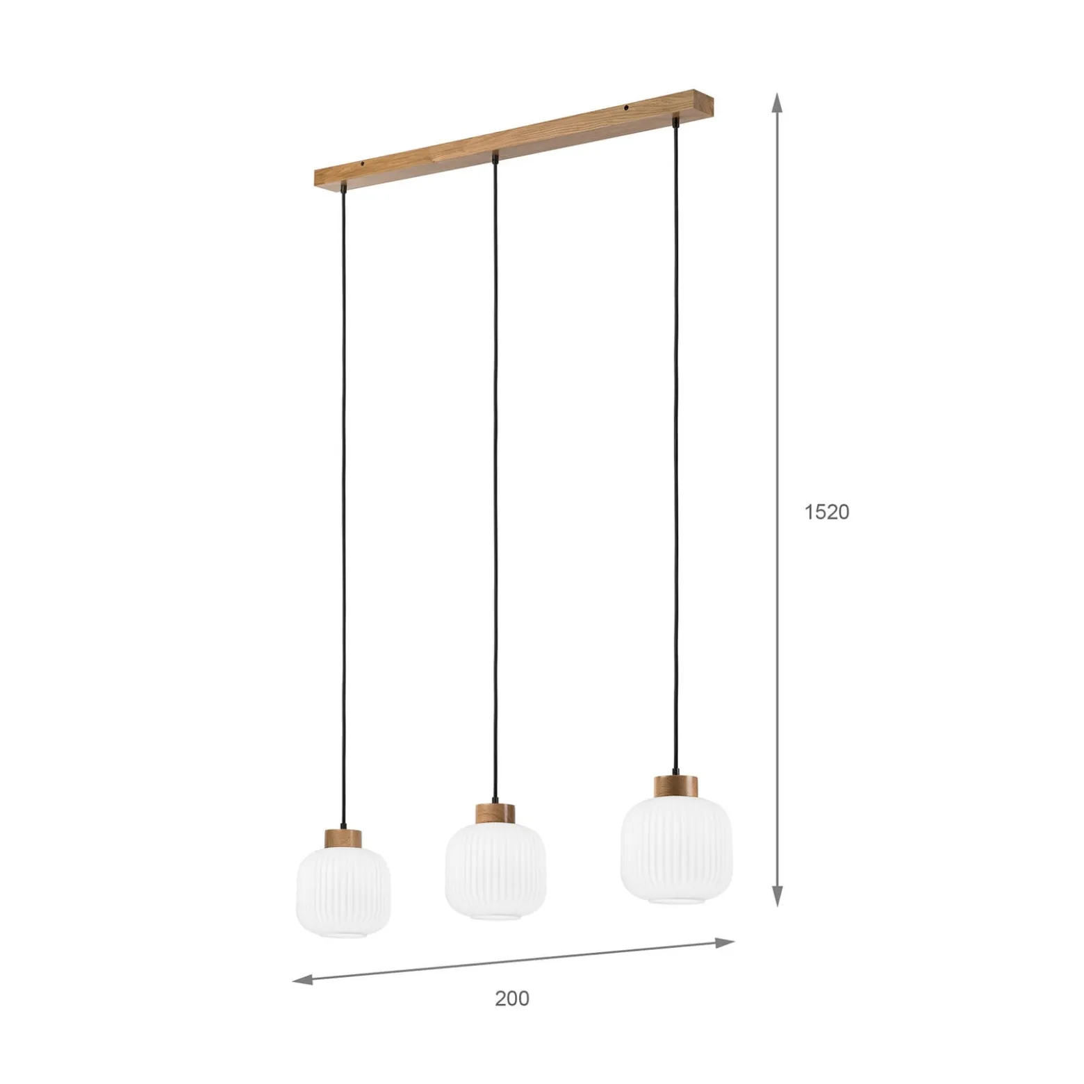 Hängelampe Harmony, Länge 110 cm, Opalglas Eichenholz 3-flg.