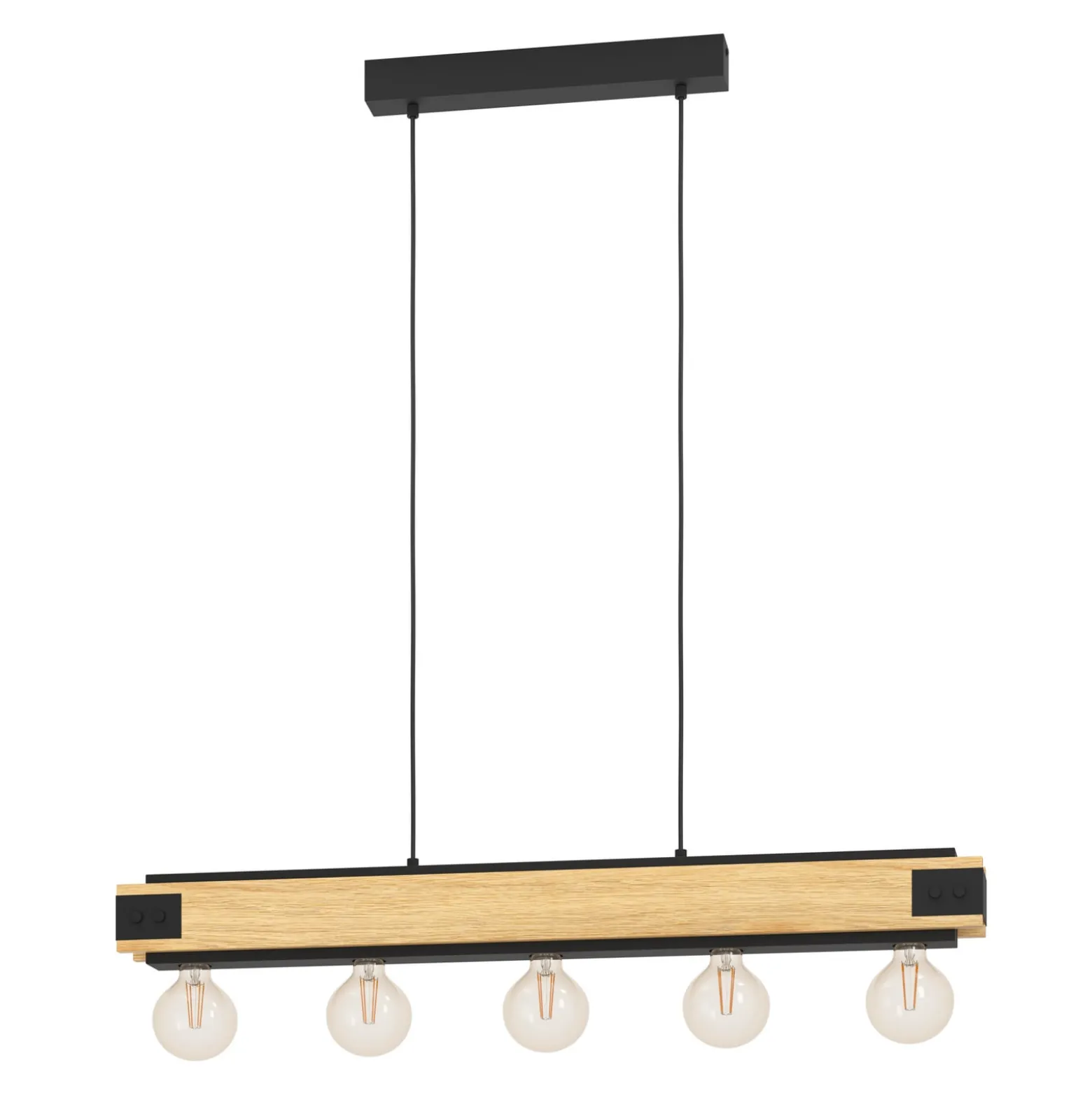 Hängelampe Layham, schwarz/holz hell, Länge 96 cm, 5-flg.