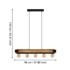 Hängelampe Layham, schwarz/holz hell, Länge 96 cm, 5-flg.