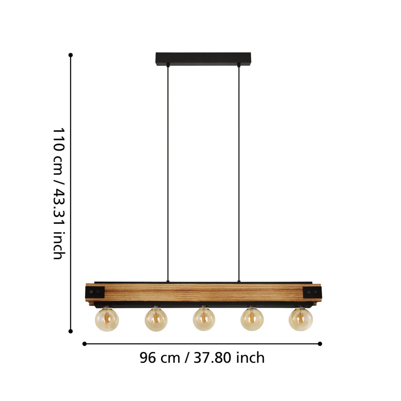 Hängelampe Layham, schwarz/holz hell, Länge 96 cm, 5-flg.