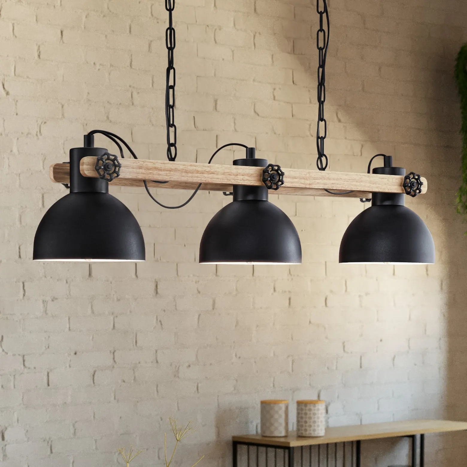 Hängelampe Lubenham, schwarz/holz hell, Länge 90 cm, 3-flg.