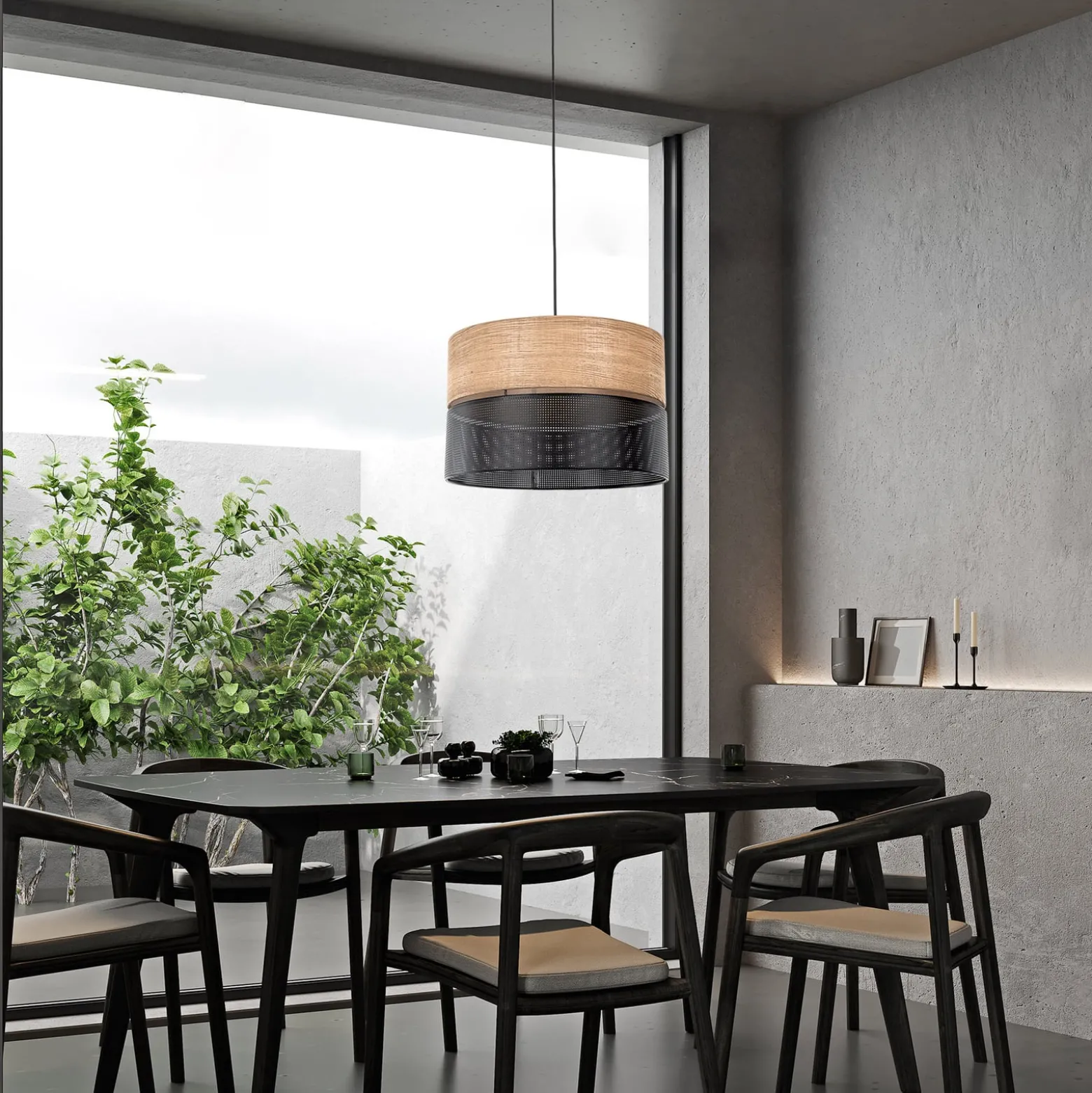 Hängelampe Nicol, schwarz/Holzoptik, Ø 50 cm, 1-flg. 3 x E27