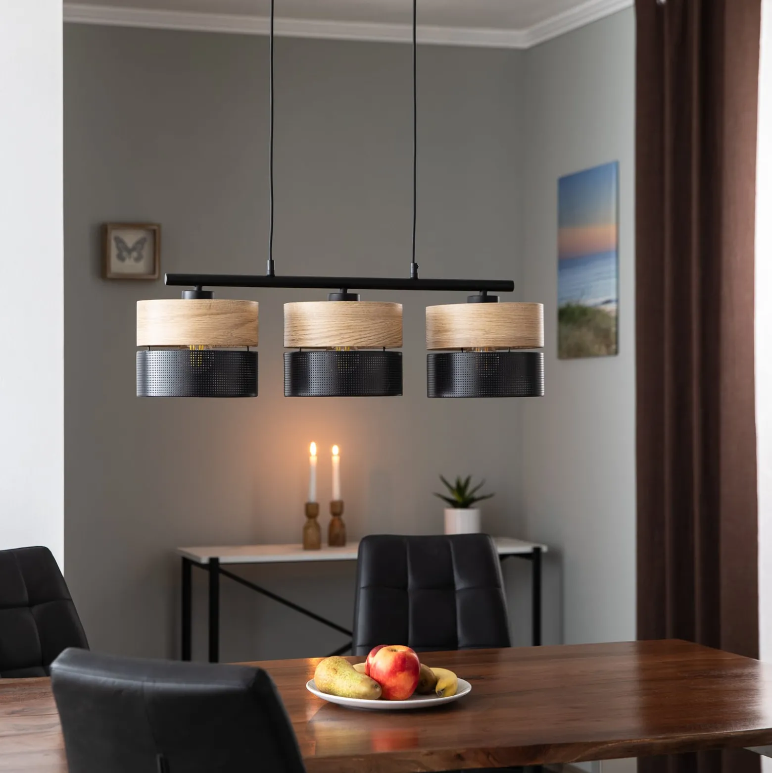 Hängelampe Nicol, schwarz/Holzoptik, 70x20 cm 3-flg. 3 x E27