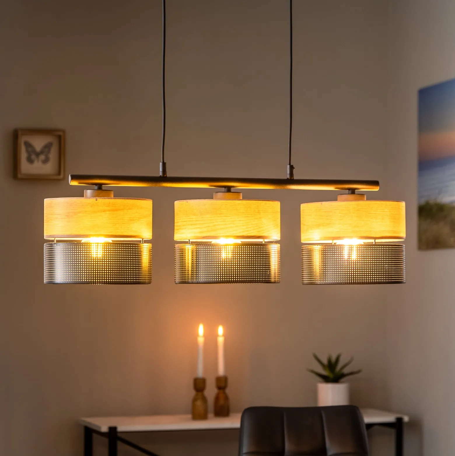 Hängelampe Nicol, schwarz/Holzoptik, 70x20 cm 3-flg. 3 x E27