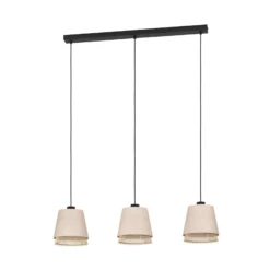 Hängelampe Tabley, schwarz/naturfarben, 89 cm, Stoff, 3-flg.