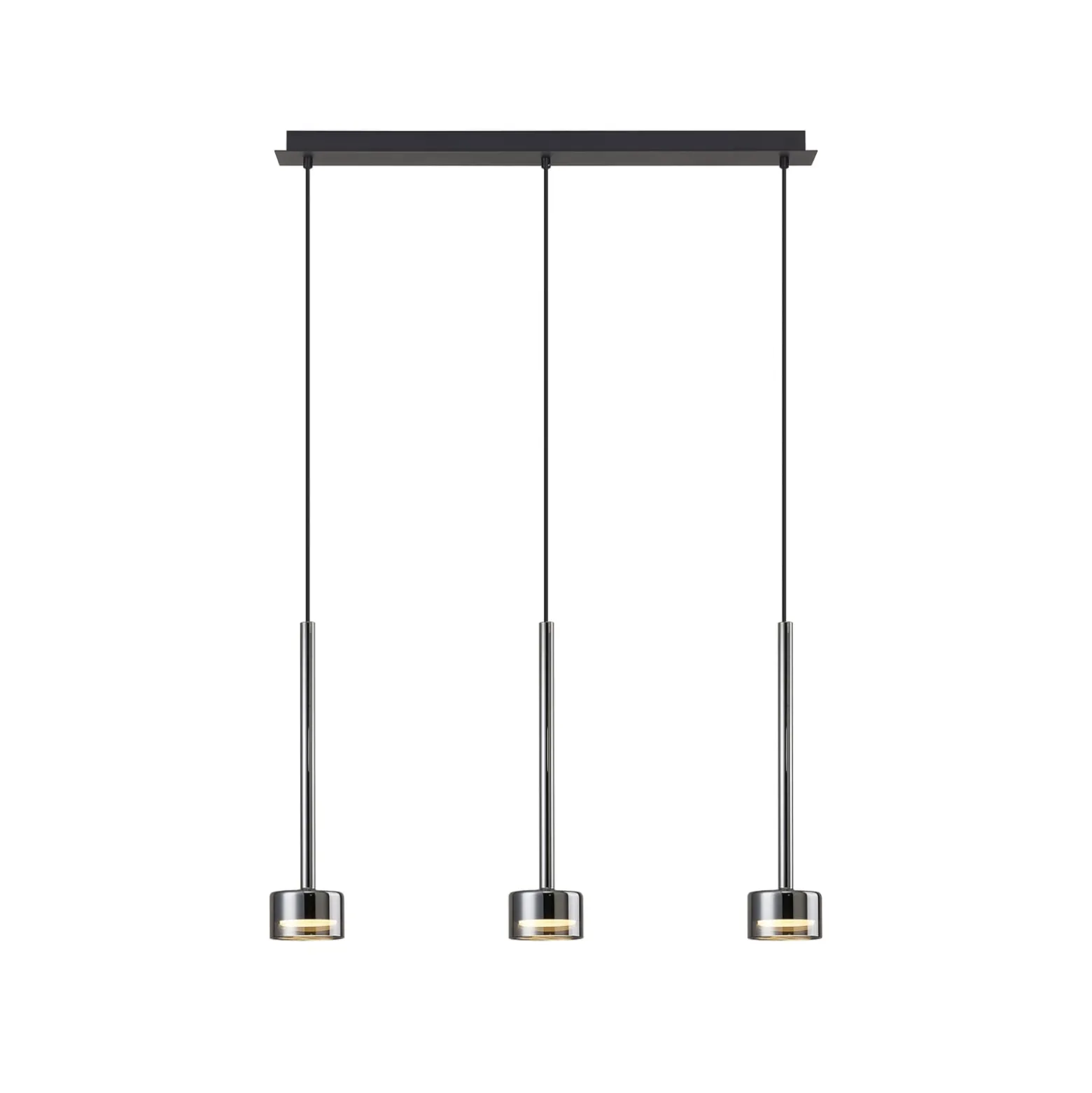 Hängelampe Tonic, schwarz/chrom, Balken, 3-fl., Metall, Glas