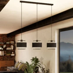 Hängeleuchte Bazely, Länge 99 cm, schwarz, 3-flg., Stoff