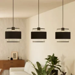 Hängeleuchte Bazely, Länge 99 cm, schwarz, 3-flg., Stoff