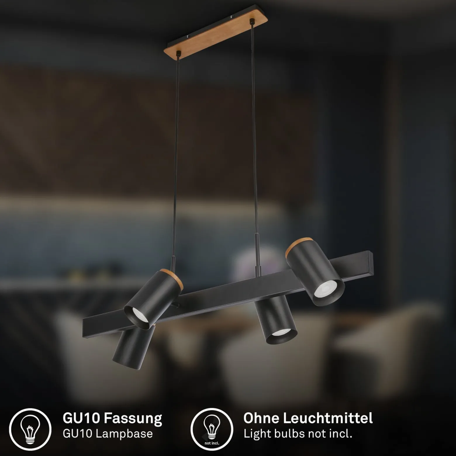 Hängeleuchte Duta, Länge 120 cm, schwarz matt, Metall 4-flg.